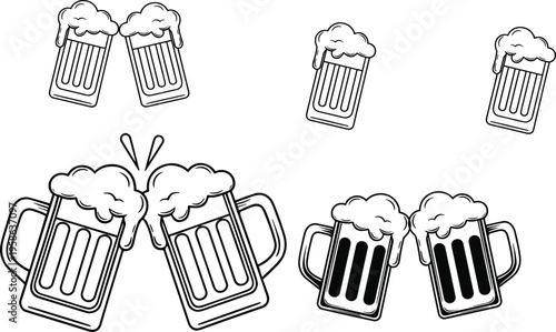 Beer mugs clinking with foam celebration, party toast camaraderie, festive drink symbol, pub bar alcohol beverage flat vector illustration artwork