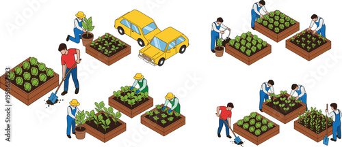 Community gardening people planting watering digging soil, teamwork in raised beds, green plants vegetables cultivation, outdoor nature flat vector illustration artwork