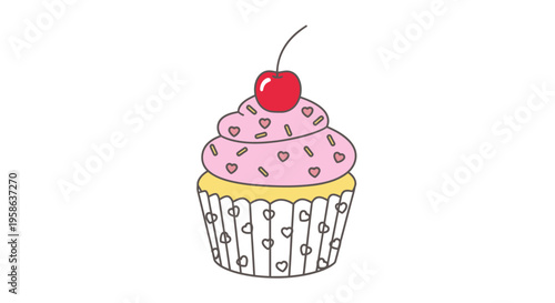 Colorful cupcake with pink frosting topping.