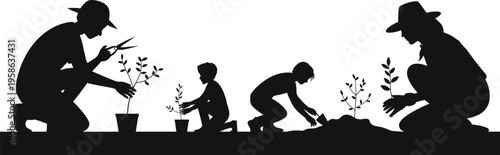 Family gardening together silhouette, parents and children planting trees and nurturing seedlings, environmental education concept vector illustration isolated on white background