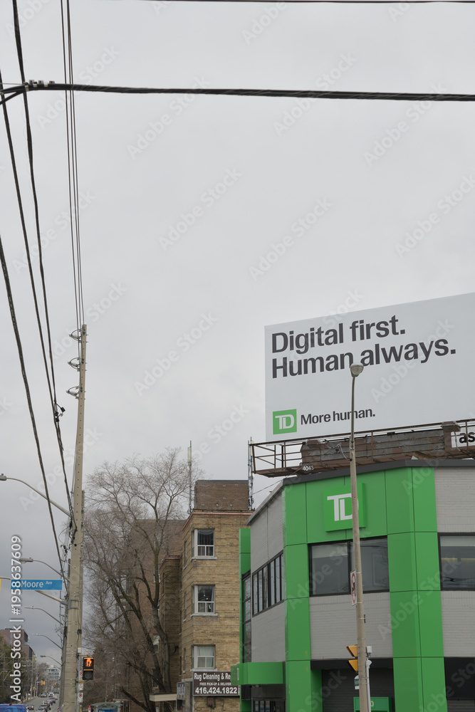Fototapeta premium rooftop billboard atop TD Canada Trust Branch and ATM at 1213 Bayview Av, East York, Toronto