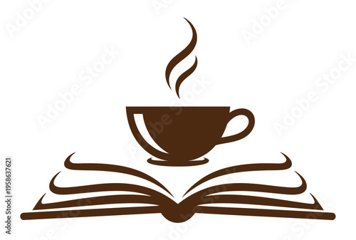 Open book with a steaming cup of coffee on top, perfect for book clubs, coffee shops, or reading-themed designs