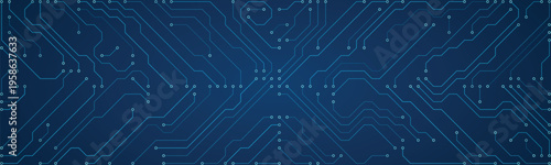 Digital Circuit Board Pattern with Blue Lines and Nodes on Dark Blue Gradient Background for Technology and Innovation Concepts