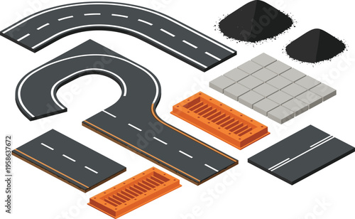 Isometric road construction set asphalt street elements drainage grate pavement tiles vector illustration infrastructure design cad drawing flat style