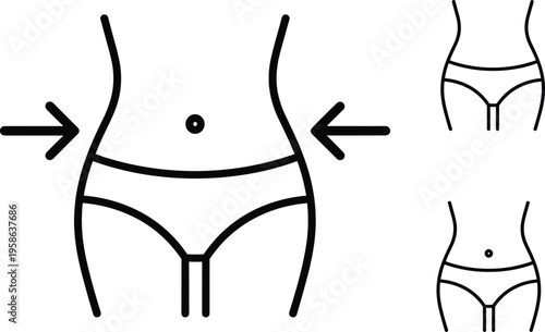 Body slimming and waist reduction concept with arrows indicating weight loss transformation, fitness health outline vector illustration
