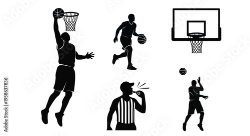 Black silhouette illustration of basketball players referee and game elements