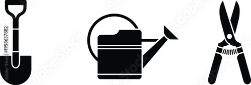 Garden tools silhouette set with shovel watering can and pruning shears, black icon collection isolated on white background illustration