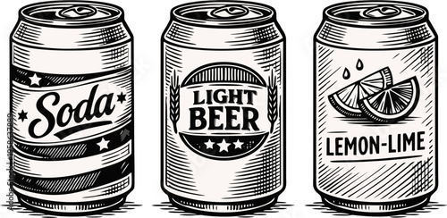 Three Retro Vintage Beverage Cans Soda Light Beer and Lemon Lime Drink in Black and White Engraving Sketch Style — Vector Illustration