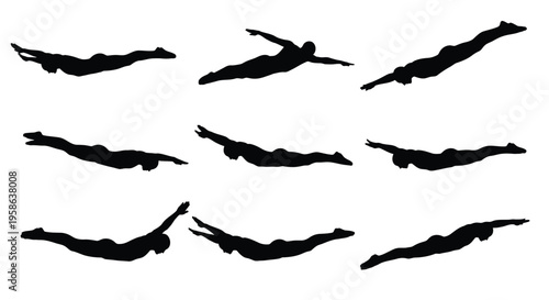 Collection of nine vector graphic silhouettes illustrating a swimmer or diver in various underwater poses