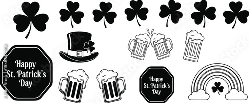 Saint Patricks Day icons set clover beer mug hat rainbow vector illustration festive irish holiday design cad drawing flat