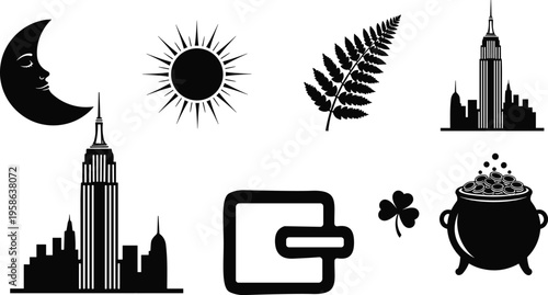 Silhouette icons moon sun leaf clover city skyline wallet cauldron coins luck wealth nature architecture flat vector illustration artwork