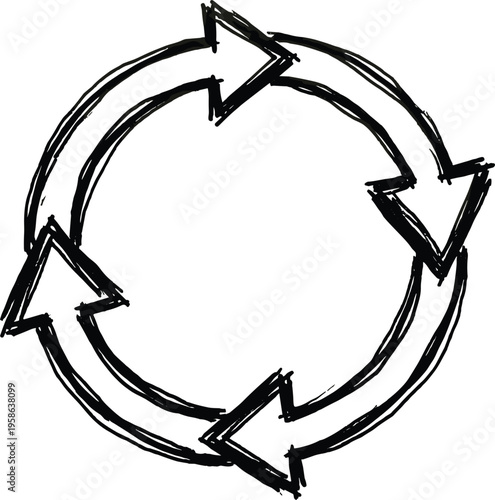 Hand drawn circular arrow cycle icon with a sketchy black ink finish representing continuous process repeat and sustainable recycling loops