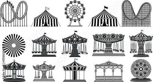 Set of amusement park icons featuring roller coasters, ferris wheels, carnival tents, carousel swing rides, and vintage fairground attractions in silhouette.