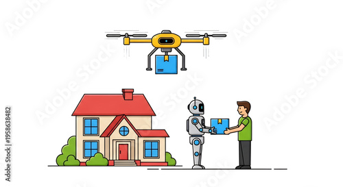 Smart home scene with a drone delivering a package to a house while a robot interacts with a person. 