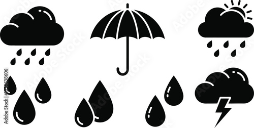 Weather icons set featuring rain clouds umbrella and thunderstorm in simple black style