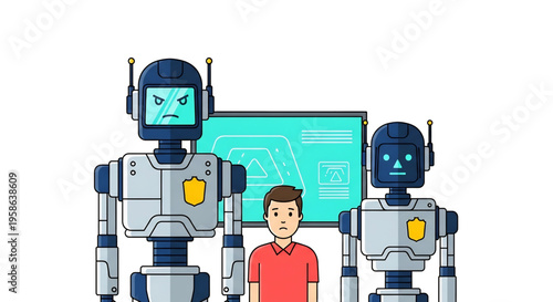 Human interacting with multiple robots and digital interfaces in a tech environment. 