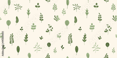 Seamless pattern with green decorative leaves on a cream background