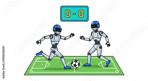 Two robots playing soccer on a field, showing entertainment and sports automation. 
