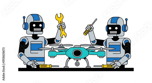 Robots performing precision work with a drone device.
