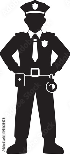 Black Police Officer Silhouette Icon, Authority Law Enforcement Symbol, Minimal Solid Black Vector, Clean Edges, Isolated on Transparent Background