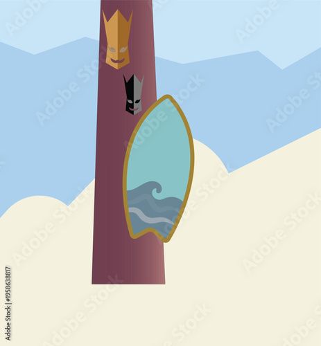 Abstract composition with masks on a totem pole, a shield and a surfboard