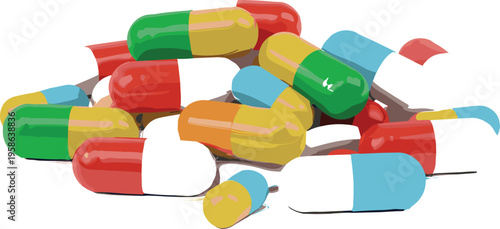 Pile of colorful pharmaceutical capsules and pills scattered on white background, medical drug illustration symbolizing healthcare, medication, pharmacy, treatment, and pharmaceutical industry design