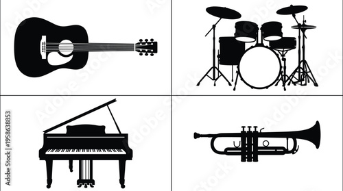 Music instruments silhouette guitar drum set piano trumpet band equipment vector illustration black isolated icons musical collection
