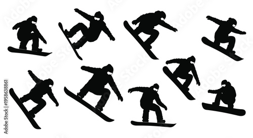 Collection of vector graphic snowboarder silhouettes capturing extreme sports action and winter adventure illustration.