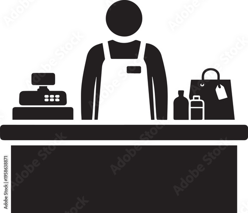 Minimalist Black Silhouette Vector Icon of a Shopkeeper Behind Counter, Retail Concept, Bold Black Fill, Isolated on Transparent Background