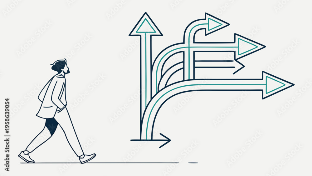 Fototapeta premium Abstract Decision Making Concept with Multiple Arrows, Path Choice and Strategy Vector Illustration