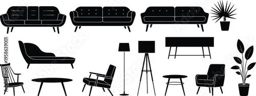 Modern living room furniture silhouette set with sofas chairs tables lamps and plants, black interior design icons isolated on white background