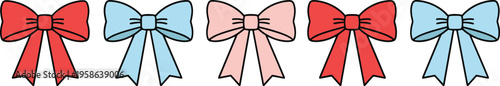 Row of decorative bows in alternating red, blue, and pink colors, simple cartoon ribbon design with loops and tails for celebration, gift wrapping, and festive decoration