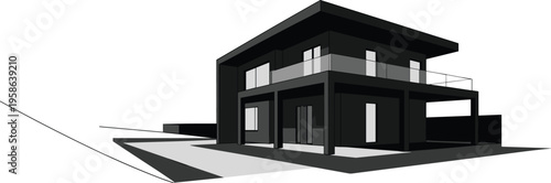 Modern two story house exterior design, contemporary luxury villa with balcony and large windows, minimalist black architectural illustration isolated