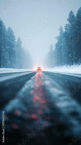 Snowy winter highway with car headlights cutting through snowstorm and pine forest vertical wallpaper