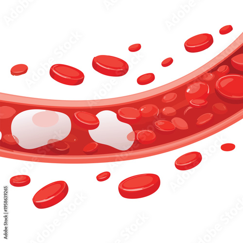 Medical illustration of blood vessel with red blood cells and plaque