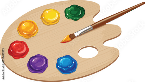 Wooden artist palette with six colorful paint blobs and brush dipped in orange, creative vector illustration symbolizing art, painting, design, creativity, and imagination