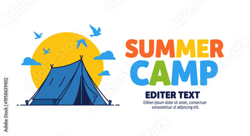 Summer camp vector illustration with tent and sun