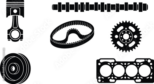Collection of automotive engine parts, including piston, camshaft, belt, and gasket.