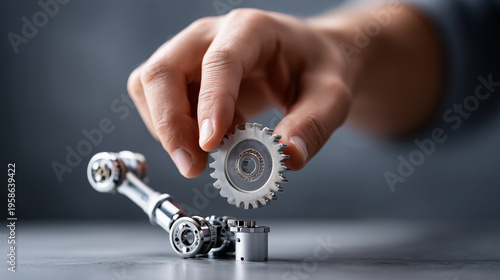 Focused conceptual shot of a clean human hand carefully positioning a single conceptual gear labeled 'PRECISION' onto a miniature, polished robotic arm model. Clean, dark grey desk