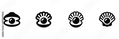 Opened oyster shell with shiny pearl inside, isolated black silhouette, minimal line art vector collection for treasure, marine life, and elegant branding