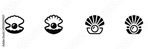 Opened oyster shell with shiny pearl inside, isolated black silhouette, vector illustration for  luxury, and ocean-themed design