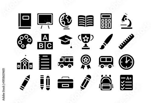 Cute school and education icons set with books, pencils, backpack, globe, bus, and classroom items in a pastel flat outline vector style