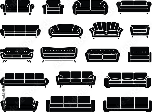 Set of sofa and couch silhouettes, modern and classic upholstered furniture collection, black living room seating icons isolated on white background