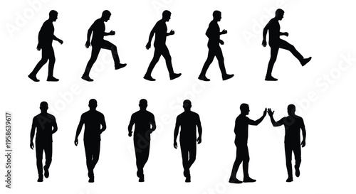 Collection of black male silhouette figures illustrating various dynamic walking running and high five poses