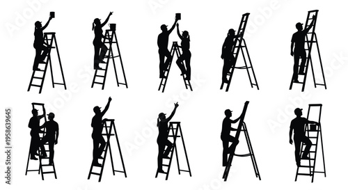 People on ladders vector illustration showing workers reaching, painting, and undertaking renovation tasks.