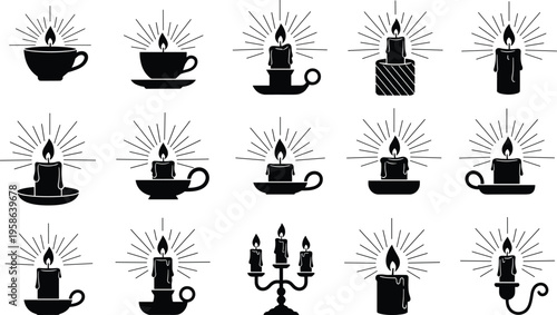 Set of candle silhouettes featuring burning flames, tea lights in cups, vintage candelabras, and glowing wax candles for decorative design.