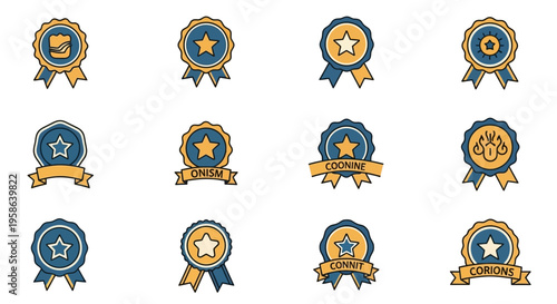 Collection of gold blue star badges.