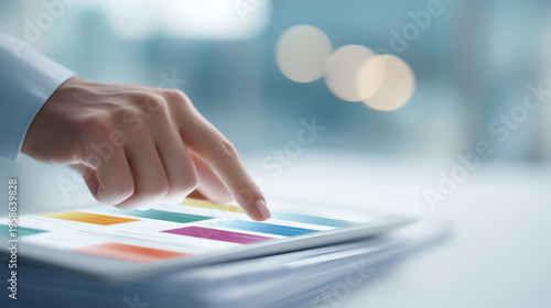 Hand dragging document tile into category folder on tablet, automated classification interface with colored labels and accuracy percentages, printed documents with tab dividers on