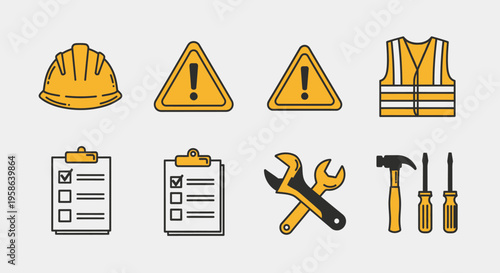 Construction tools and safety icons.