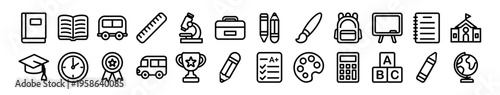 Cute school and education icons set with books, pencils, backpack, globe, bus, and classroom items in a pastel flat outline vector style